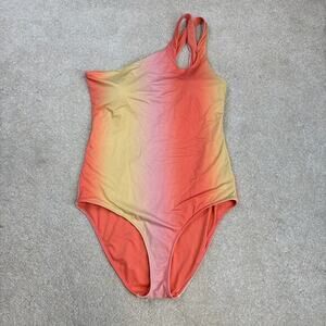 Aerie One-Piece Full Coverage One Shoulder Ombre Orange Yellow Swimsuit Size L